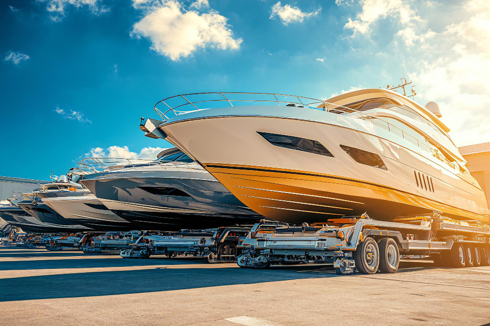 The big motor yacht is loaded on a trailer 